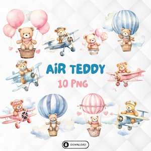 Teddy Bear Baby room Clipart. 10 Cute aerial Teddy Bear png. Nursery Clipart. Gender Reveal clipart. Babyshower Clipart.