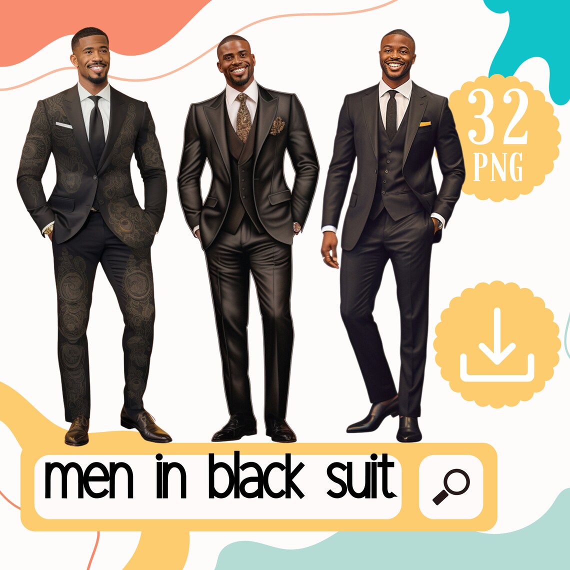 Classy Black Men in Black Suit Clipart. 32 African American