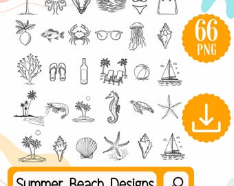 Summer Beach Line Art | Minimalist Coastal Clipart | Seashell, Palm Tree, Ocean Wave, and Sun Outline Graphics | Tropical Digital Download