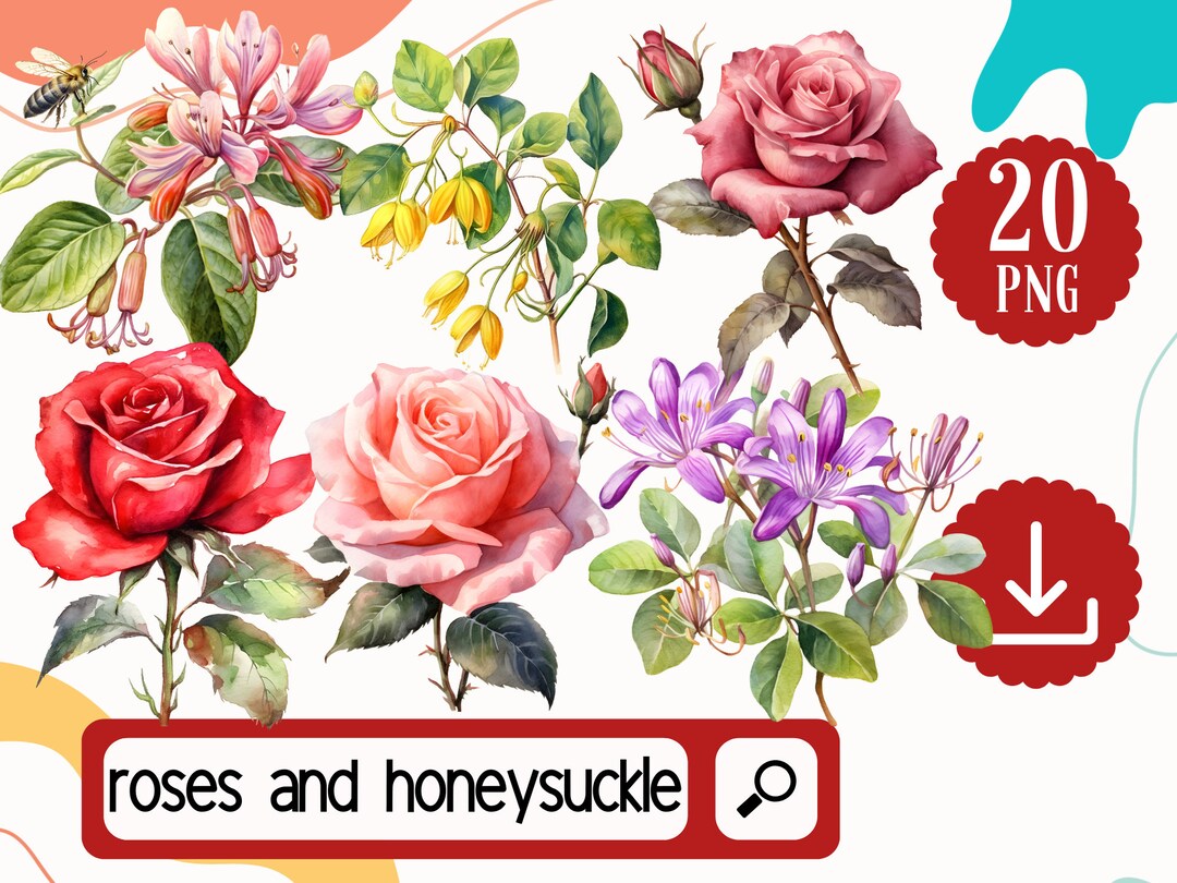 June Flowers of the Month Clipart, Roses and Honeysuckle June Summer