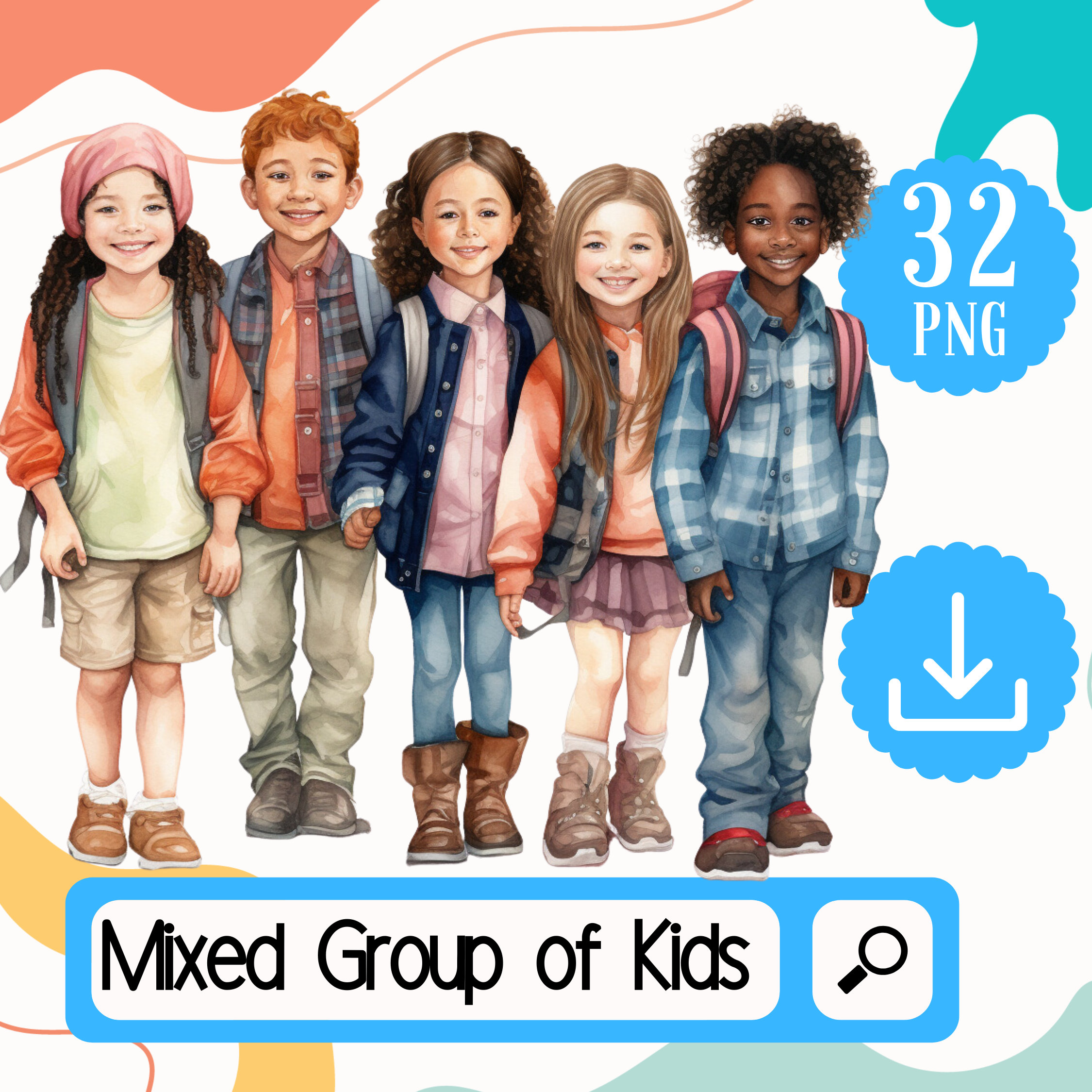 Group of Mixed School Kids Clipart PNG Bundle. 32 Watercolor Mixed Back ...