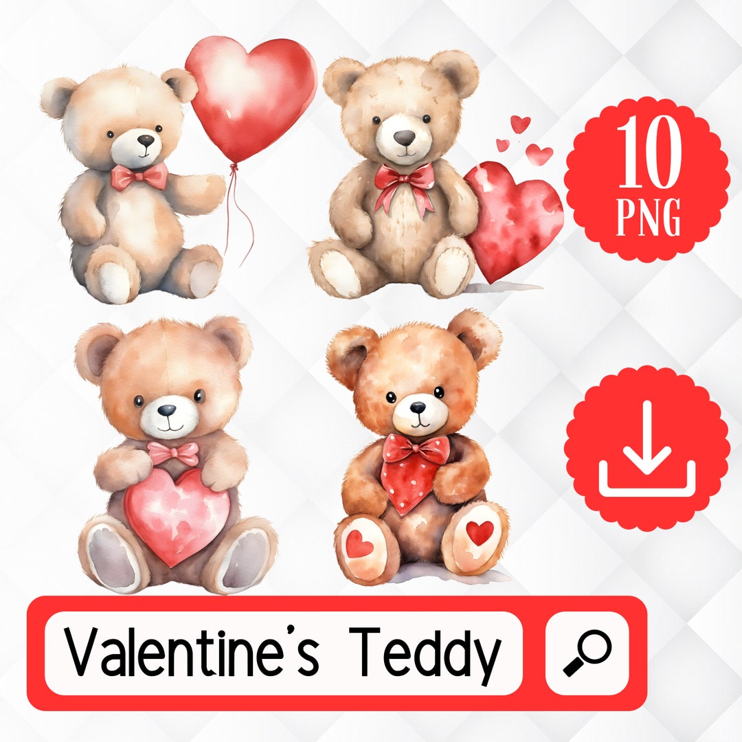 Valentines Teddy Bear Clipart. 10 PNG Valentines Day Watercolor Teddy ...