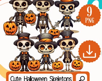 Mignon Halloween squelettes Clipart PNG - 9 mignon et Spooky squelette Clipart - téléchargement numérique