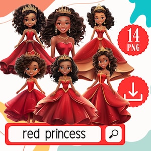 赤いドレスを着たかわいい黒人プリンセスの女の子のクリップアートセット。アフリカ系アメリカ人のプリンセス 14 名。かわいい黒人の女の子のクリップアート デジタル ダウンロード バンドル