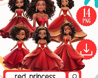 Red Dress Pretty Black Princess Girls Clipart Set. 14 African American Princess. Cute Black Girls Clipart Digital Download Bundle