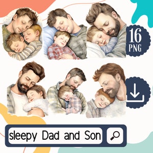 Sleepy Father and Son Clipart Bundle. 16 Dad and Boy PNG Clipart. Fathers Day Clipart Bundle, Fathers Birthday Clipart Set