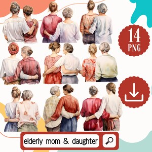 Aquarell ältere Mutter und ihre Tochter - Muttertag Clipart - 14 PNG Mutter von Hinten Clipart, Mutter Tochter Set