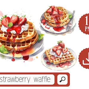 Waffle with Strawberry toppings PNG Clipart Digital Download, 12 Strawberry Waffle Clipart PNG, Watercolor Breakfast Waffle Clipart Bundle