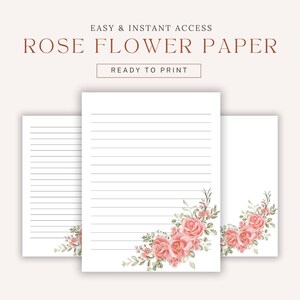 Druckbares gezeichnetes Papier mit Rosen. Schönes rosa Rosen Blumen Briefpapier, digitaler Download PDF, Briefpapier. Papier das Begeistert