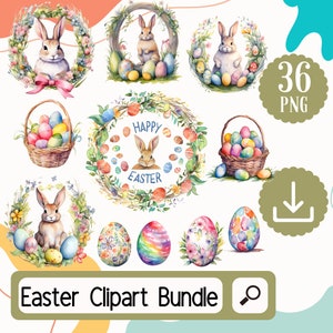 Watercolor Easter Clipart Bundle. 36 PNG Easter Set. Easter Wreath, Easter Eggs, Easter Bunny for Sublimation and Card Crafting Digital