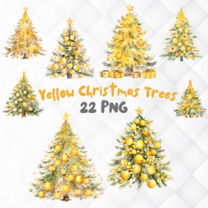 Watercolor Yellow Christmas Tree Clipart. 22 PNG Decorated Christmas New Year Trees. Yellow Christmas Clipart Digital Download