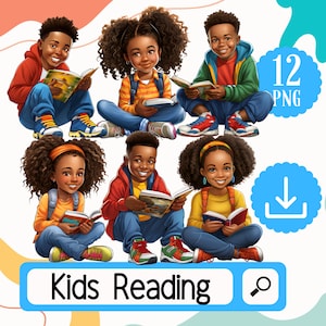 Black Kids Reading Clipart PNG. 12 Boys and Girls Bookworm Black Children Clipart Digital Download