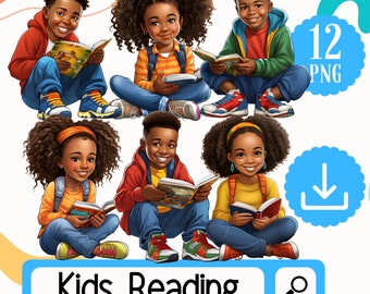 Black Kids Reading Clipart PNG. 12 Boys and Girls Bookworm Black Children Clipart Digital Download