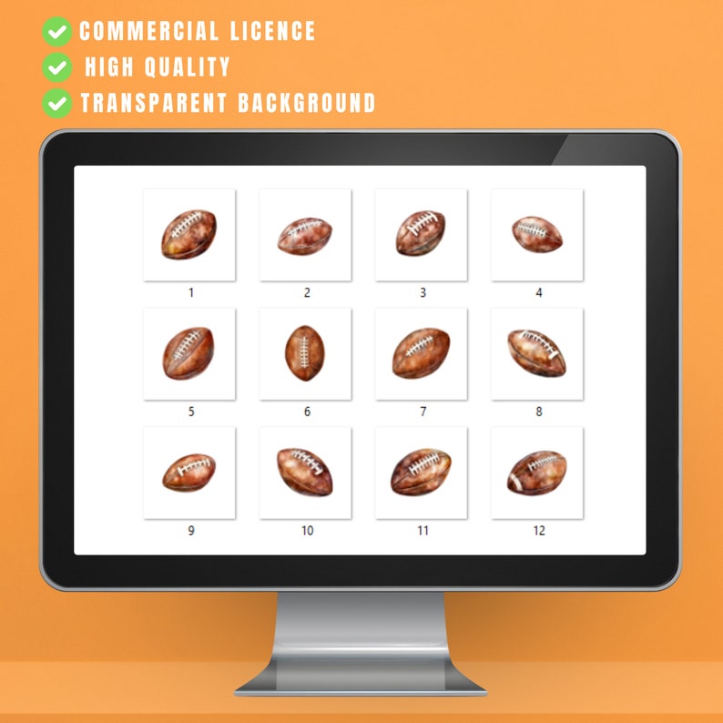 May include: Twelve watercolor illustrations of brown footballs on a white background. The footballs are arranged in a grid of four rows and three columns.