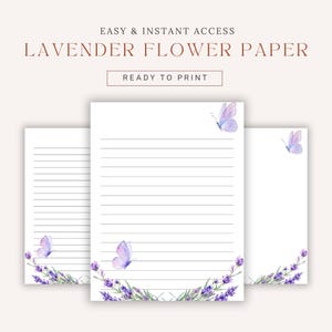 Druckbares liniertes Papier mit Lavendel. Schönes Lavendel Blumen Briefpapier, digitaler Download PDF, Briefpapier. Papier das Begeistert