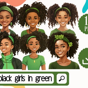 Collezione verde di clipart per ragazze nere - 15 ragazze afroamericane PNG - Download digitale istantaneo - Illustrazioni per bambini