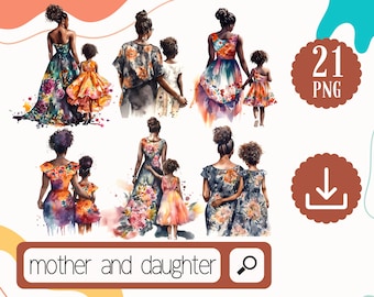 Watercolor Black Mother and her Daughter Clipart PNG, Black Mother and Girl from Behind Clipart, 21 Mother Daughter Bundle Mothers Day