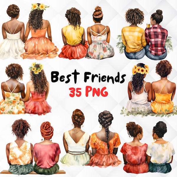 Watercolor African American Best Friends Clipart. 35 Black Girl Friends PNG. Black Besties Duo Clipart. Afro girls clipart Digital Download