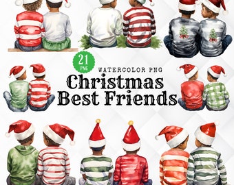 Christmas Best Friends Clipart Set. 21 Black Kids Christmas Best Buddies PNG. African American Christmas Brothers Digital Download