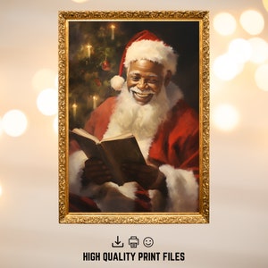 Christmas Oil Painting Black Santa Reading Printable Wall Art. Vintage Christmas African American Santa Digital Download