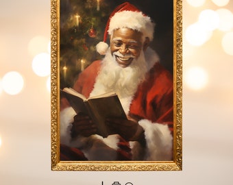 Christmas Oil Painting Black Santa Reading Printable Wall Art. Vintage Christmas African American Santa Digital Download
