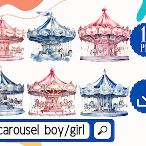 Aquarelle Carrousel Clipart PNG. 10 Merry go round Clipart, Blue and Pink Carousel Bundle. Pépinière bébé douche Clipart téléchargement numérique