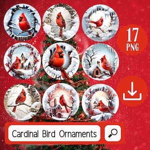 Cardinal oiseau ornements de Noël Sublimation Clipart - 17 ornements de Noël ronds Png Bundle - Sublimation circulaire 3D - téléchargement numérique