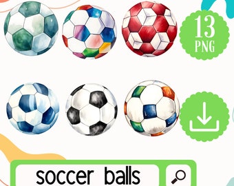 Soccer Balls Clipart PNG. 13 Watercolor Soccer Football Graphics Digital Download