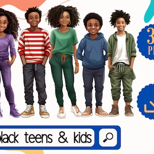 Black Kids and Teens Clipart. 36 Afircan American PNG Kids. Black Girls Clipart. Black Boys Clipart