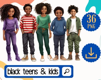 Black Kids and Teens Clipart. 36 Afircan American PNG Kids. Black Girls Clipart. Black Boys Clipart