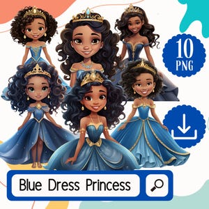 Blue Dress Pretty Black Princess Girls Clipart Set. 10 African American Princess. Cute Black Girls Clipart Digital Download Bundle