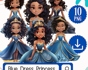 Blue Dress Pretty Black Princess Girls Clipart Set. 10 African American Princess. Cute Black Girls Clipart Digital Download Bundle