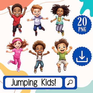 Enfants heureux sautant des cliparts. 20 graphismes dynamiques et ludiques pour enfants au format PNG. Retour à l'école enfants Clipart Digital Download