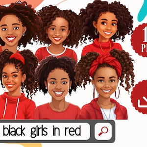 Red Collection of Black Girls Clipart - 11 African American Girls PNG - Instant Digital Download - Children Illustrations