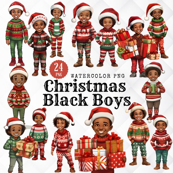 Christmas African American Boys Clipart. 24 Cute Christmas Black Boys PNG Set. Christmas Black Boy for Card Crafting Digital