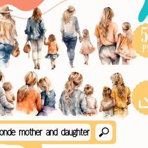 Muttertag Clipart Blonde Mutter und Tochter Aquarell Clipart PNG. 50 Mama und Mädchen Clipart digitaler Download. Mama Geburtstag Clipart