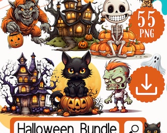 Spöklika Halloween Clipart-paket - 55 PNG-bilder för hantverk och design Jack-O-Lantern, Zombie, Dödskallar, Spökhus, Kommersiellt bruk