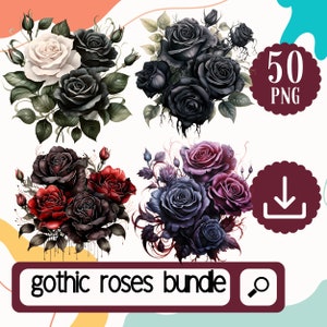 Gothic Roses Clipart Bundle. 50 Gothic Watercolor Rose PNG. Black Rose Clipart, Purple Rose, Dark Roses Sublimation Digital Download