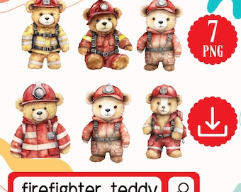 Firefighter Teddy Bear Clipart PNG. Watercolor Teddy Bear Firefighter Clipart. 7 Firefighter Teddy Bear Bundle Digital Download Sublimation