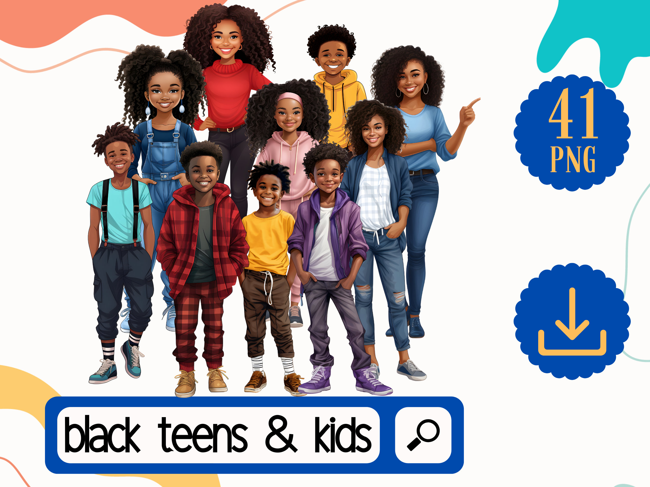 Black Kids and Teens Clipart. 41 Afircan American PNG Kids. Black Girls
