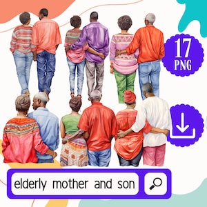 Aquarell schwarze ältere Mutter und ihr Sohn afroamerikanische Muttertag Clipart - 17 PNG schwarze Mutter von hinten Clipart, Mutter Geburtstag