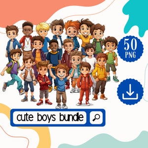 Vibrante conjunto de imágenes prediseñadas de niños de dibujos animados - 50 niños PNG, niños de regreso a la escuela png, ilustraciones digitales, personajes de niños juguetones,