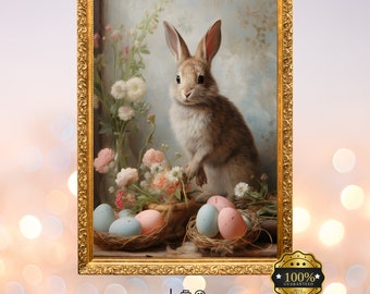 Easter Bunny Printable Wall Art - Vintage Easter Rabbit Print - Happy Easter Art Decor -  Oil painting Easter Rabbit Print Digital Download