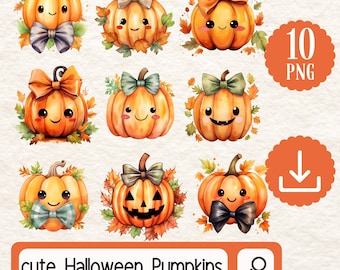 Cute Halloween Pumpkins Clipart Set. 10 PNG Cute Halloween Pumpkin Graphics Digital Download. Halloween Decor, Pumpkin, Bow