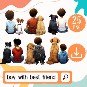 African American Boy with Best Friend Clipart. 25 Black Boy with dog PNG. Boy with pet Dog Clipart. Afro Boy Digital Download