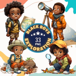 Black Boys Exploration Bundle Clipart PNG. Pack d'exploration et de science de 33 garçons noirs. Téléchargement numérique