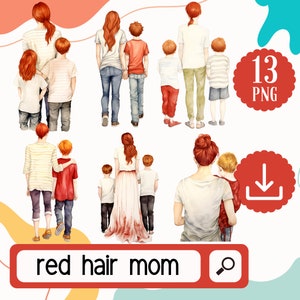 May include: A set of 13 digital illustrations featuring a red-haired mom with different hairstyles and outfits, holding or walking with children. The illustrations are in a watercolor style and are perfect for creating personalized cards, invitations, or scrapbook pages.