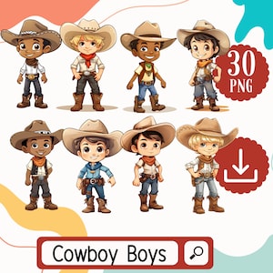 Süße Cowboys Clipart Set. 30 PNG Cowboy Boys für Digitaldruck- und Sublimationsprojekte. Kommerzielle Nutzung Digitaler Download