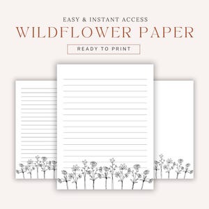 Papel de arte pautado para impressão com flores. Lindo papel de escrita floral preto e branco, download digital em PDF, papel de carta. Papel que inspira