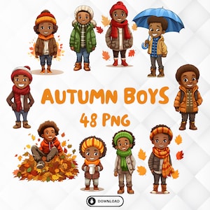 Herfst herfst Afro-Amerikaanse schattige jongens clipart set. 48 Zwart Schattige kinderen PNG Herfstvibes. Val zwarte kinderen clipart